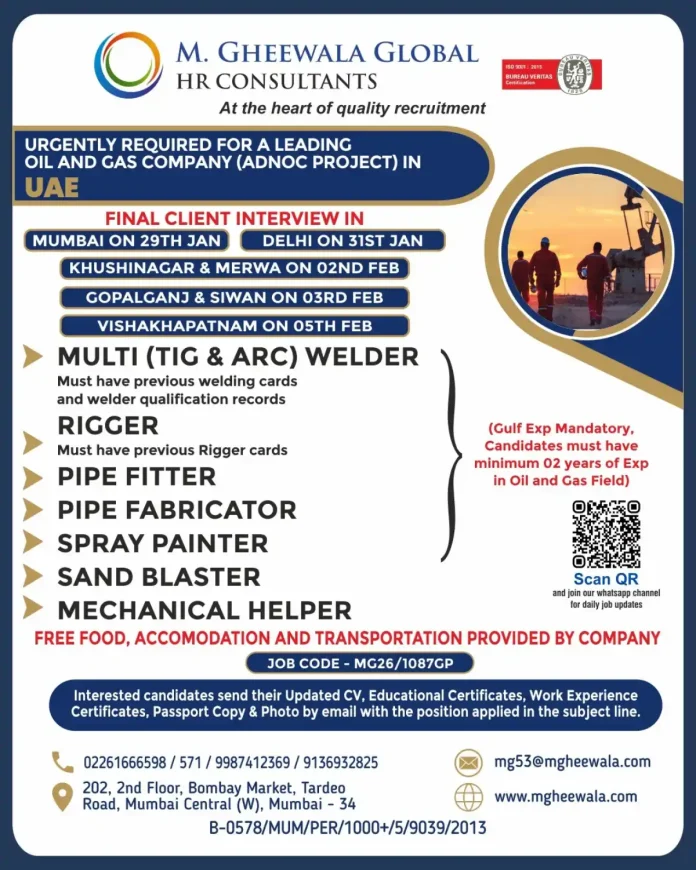 Urgent job openings for ADNOC Project in UAE with free accommodation and food