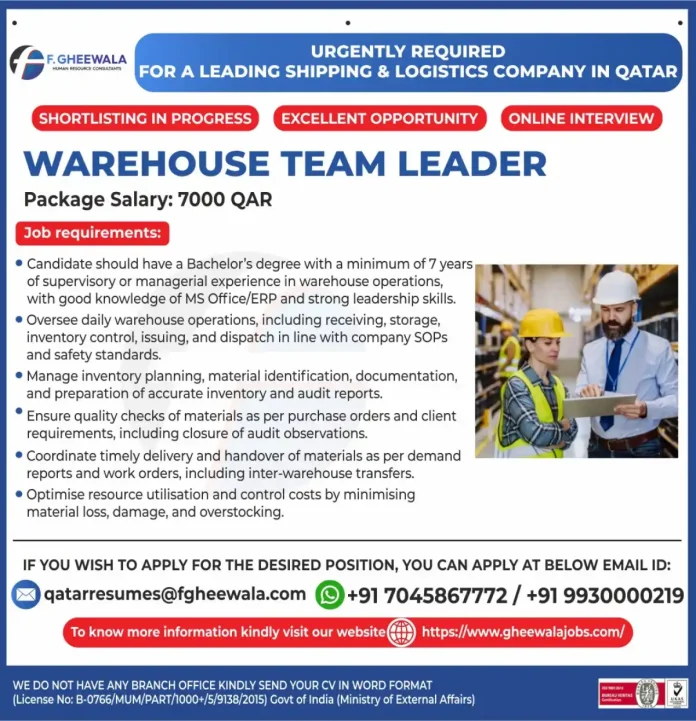 Warehouse Team Leader Career Opportunity in Qatar Logistics Company