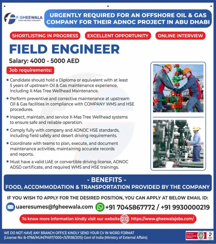 Field Engineer for ADNOC Oil and Gas Project in Abu Dhabi