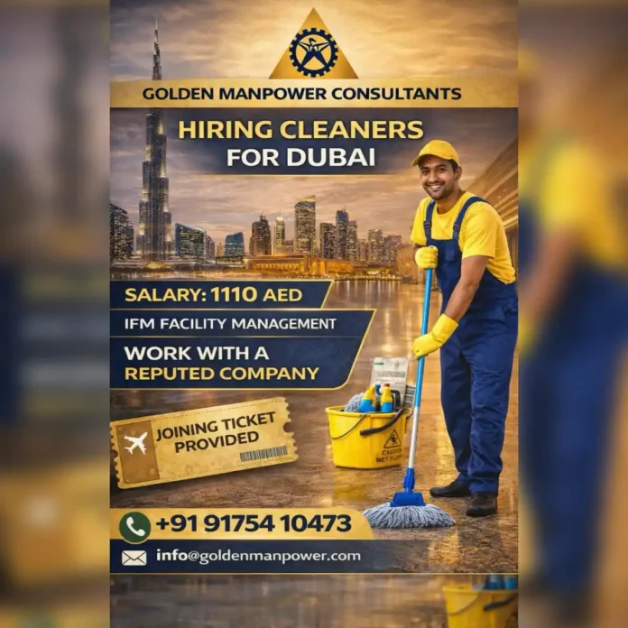 Cleaner job opportunity in Dubai with IFM Facility Management through Golden Manpower Consultants