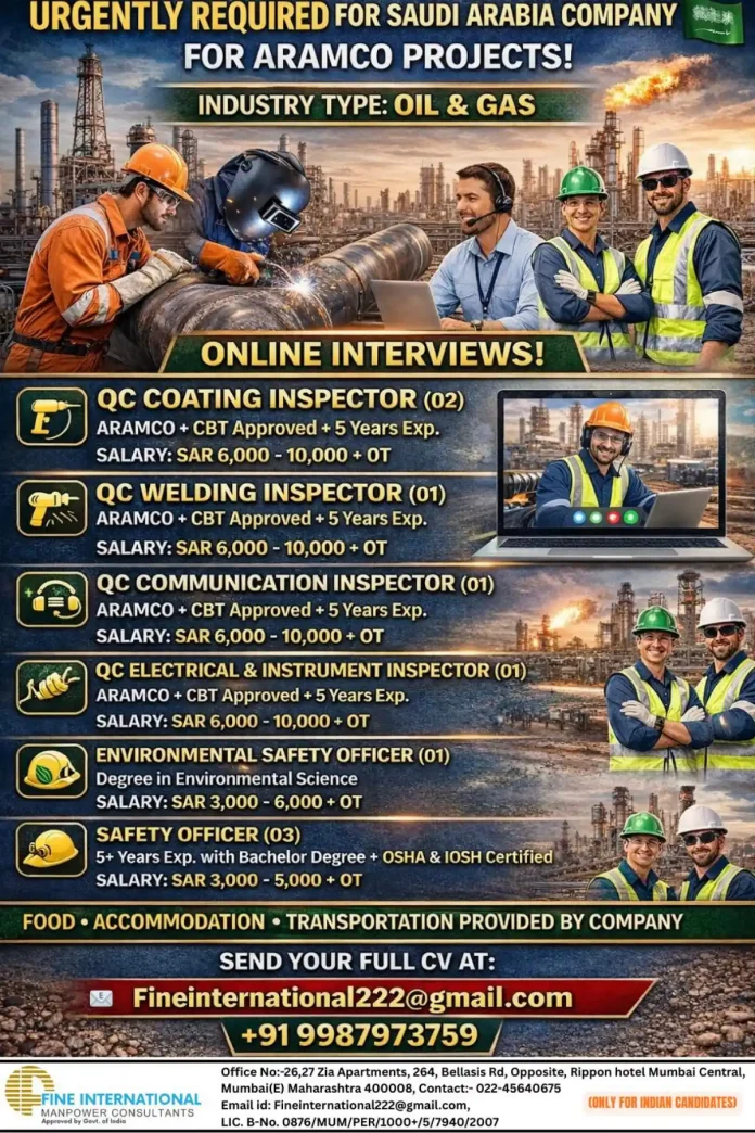 Urgent Hiring for Saudi Aramco Oil and Gas Project Jobs - QC Inspectors and Safety Officers