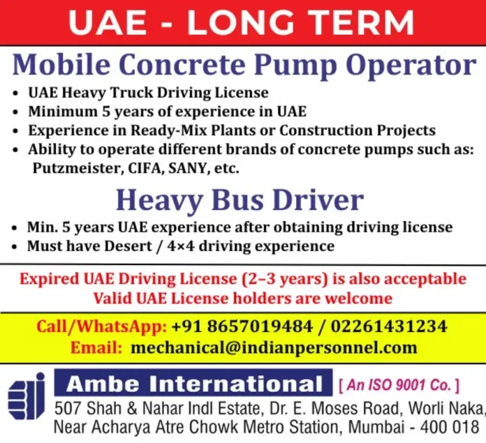 Mobile Concrete Pump Operator and Heavy Bus Driver Jobs in UAE