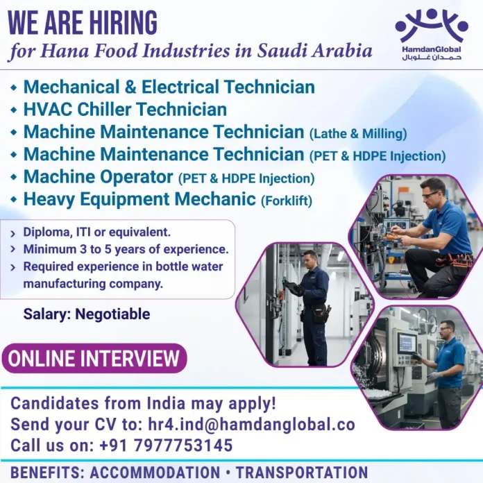 Job Opportunities for Technicians at Hana Food Industries in Saudi Arabia