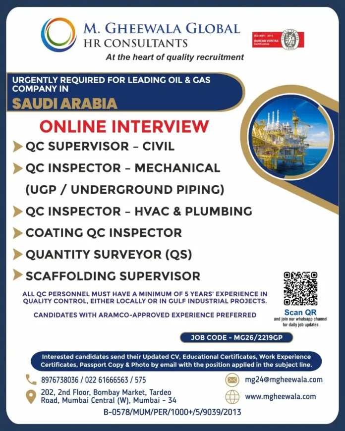 M. Gheewala Global HR Consultants recruitment for Saudi Arabia Oil & Gas jobs