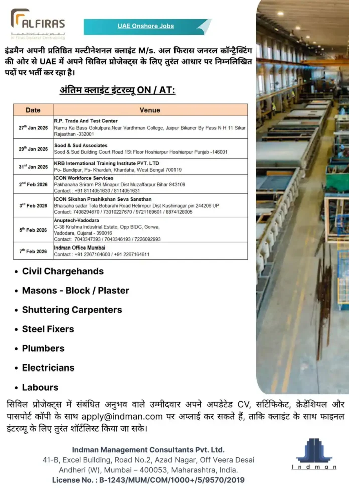 UAE Onshore Civil Jobs Recruitment Drive by Indman and Al Firas General Contracting