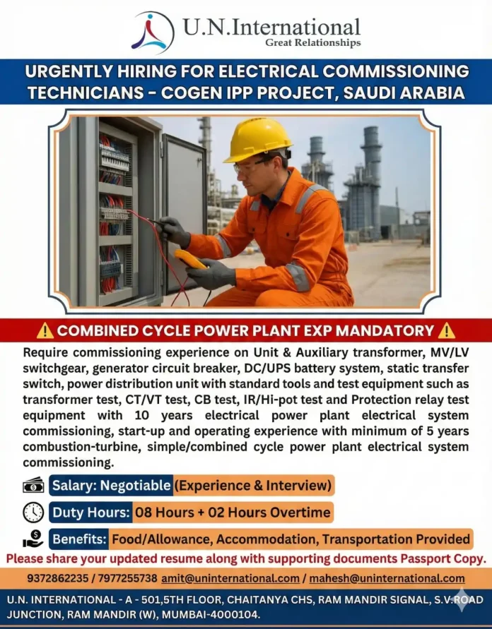 Electrical Commissioning Technician working on switchgear in a combined cycle power plant