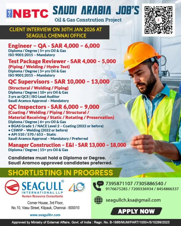 NBTC Saudi Arabia Oil & Gas Jobs Recruitment 2026 - Client Interview in Chennai