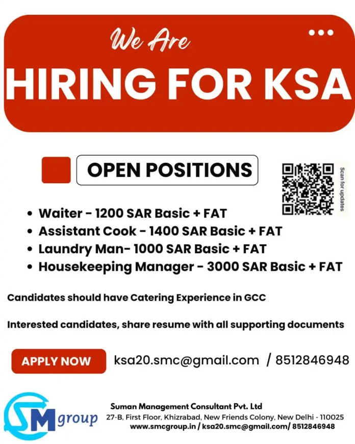 Job opportunities in Saudi Arabia for hospitality professionals