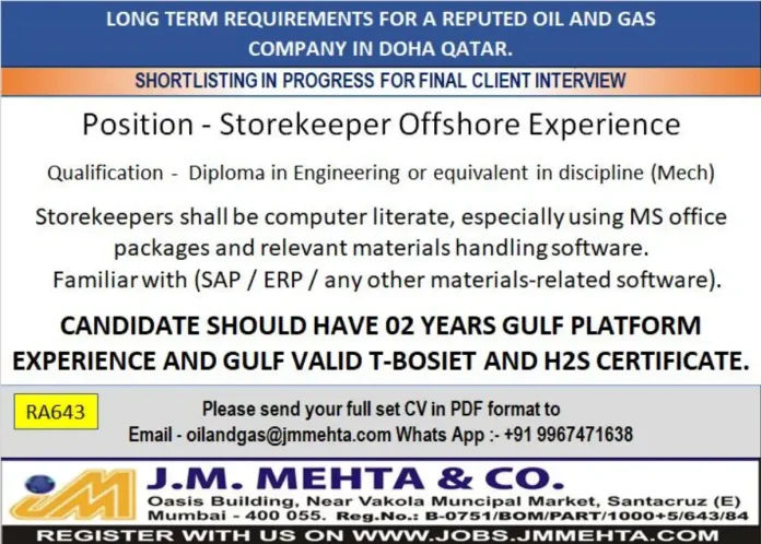 Storekeeper Offshore Job Opportunity in Qatar Oil and Gas Industry