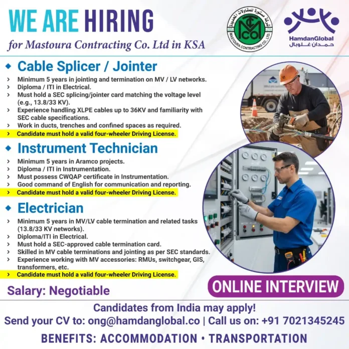 Mastoura Contracting Co. Ltd KSA Recruitment for Electrical and Instrumentation Professionals