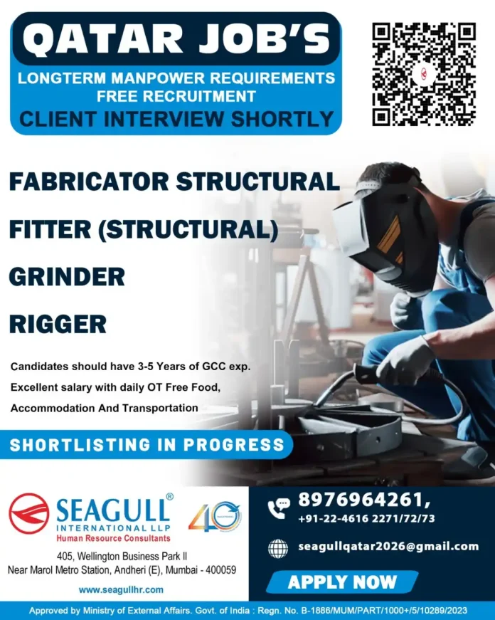 Qatar jobs recruitment for fabricator structural fitter grinder rigger positions by Seagull International LLP