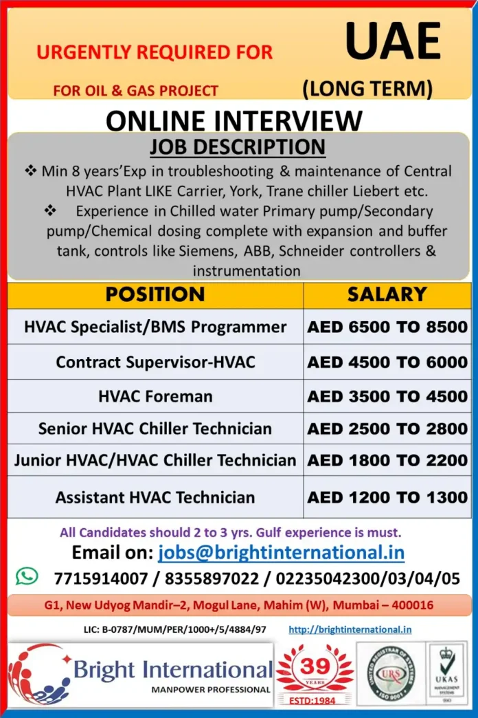 Bright International HVAC Jobs UAE Oil & Gas Project Recruitment