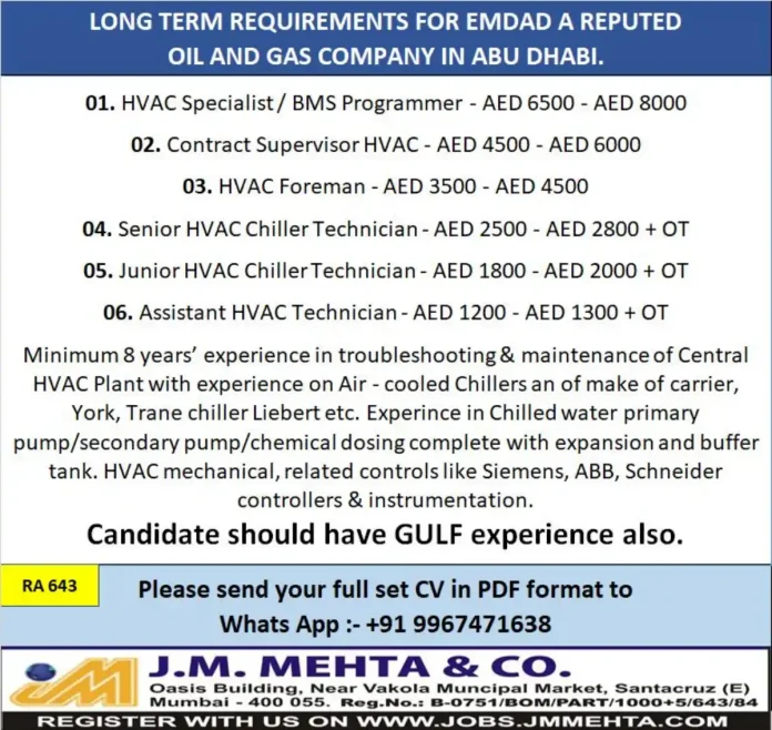 EMDAD Oil and Gas Company Abu Dhabi HVAC Job Opportunities