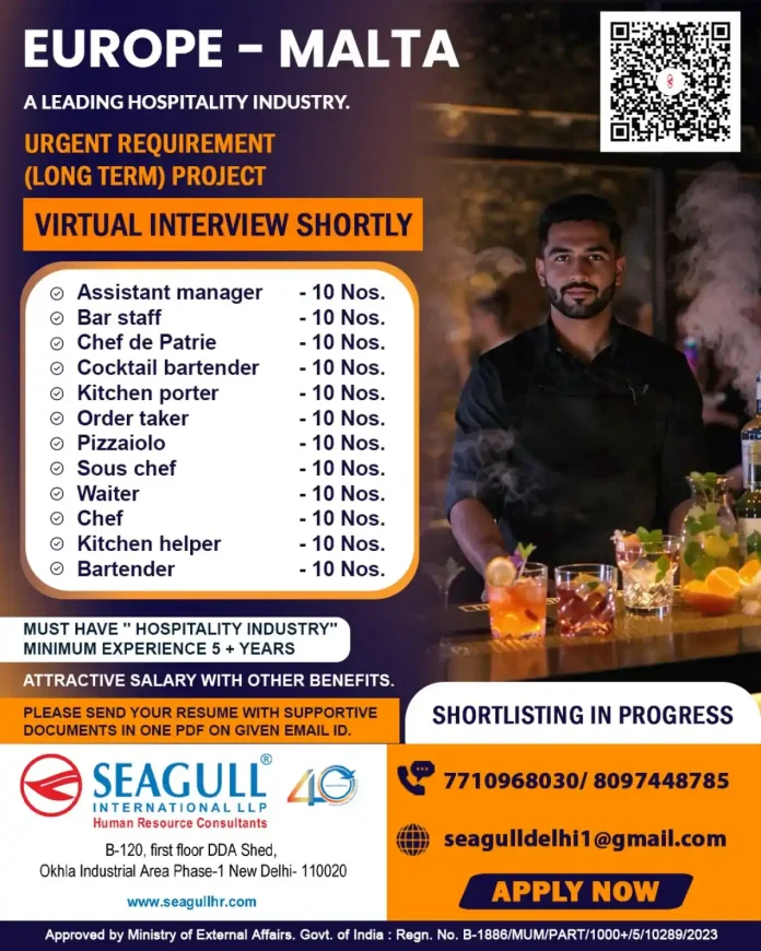 Hospitality jobs in Malta Europe - Assistant Manager Chef Bartender positions available