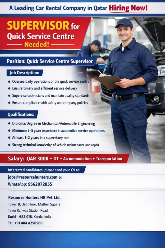 Quick Service Centre Supervisor position at car rental company in Qatar
