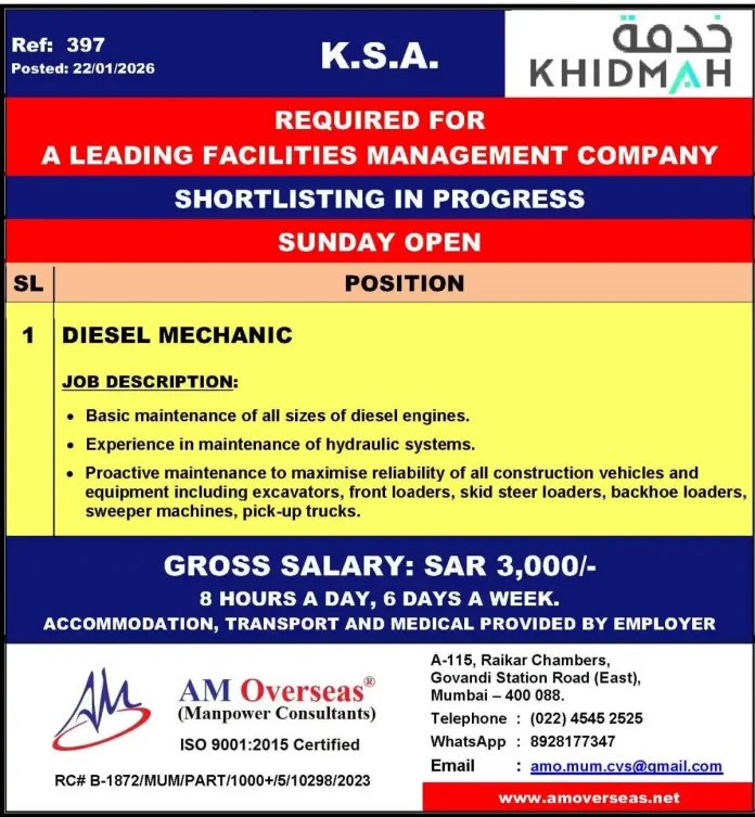 Diesel Mechanic Job Opportunity in Saudi Arabia with Khidmah Facilities Management Company