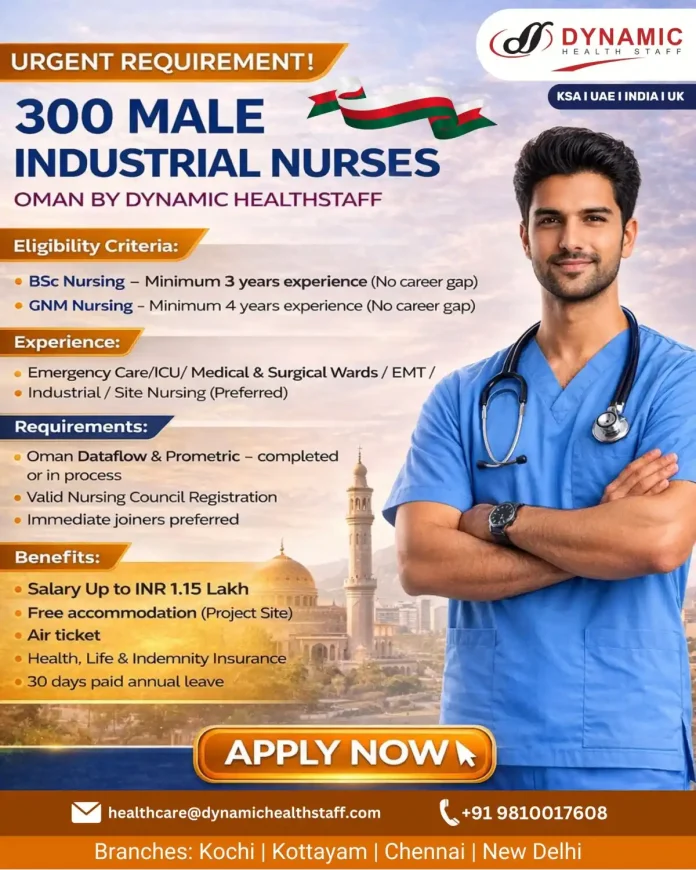 Male Industrial Nurse preparing for job opportunity in Oman through Dynamic HealthStaff recruitment