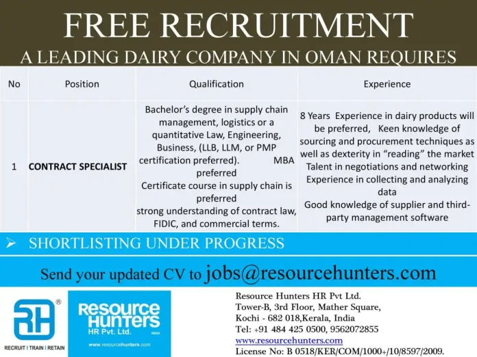 Contract Specialist Recruitment for Dairy Company in Oman by Resource Hunters HR