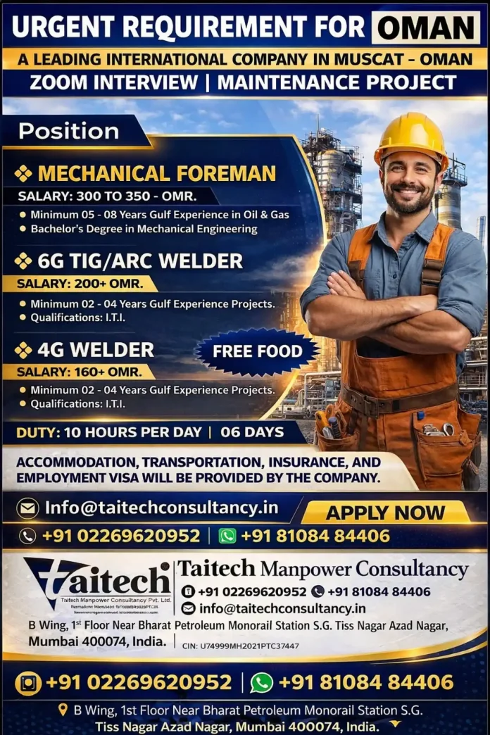 Oil and Gas Maintenance Project Jobs in Muscat Oman Recruitment