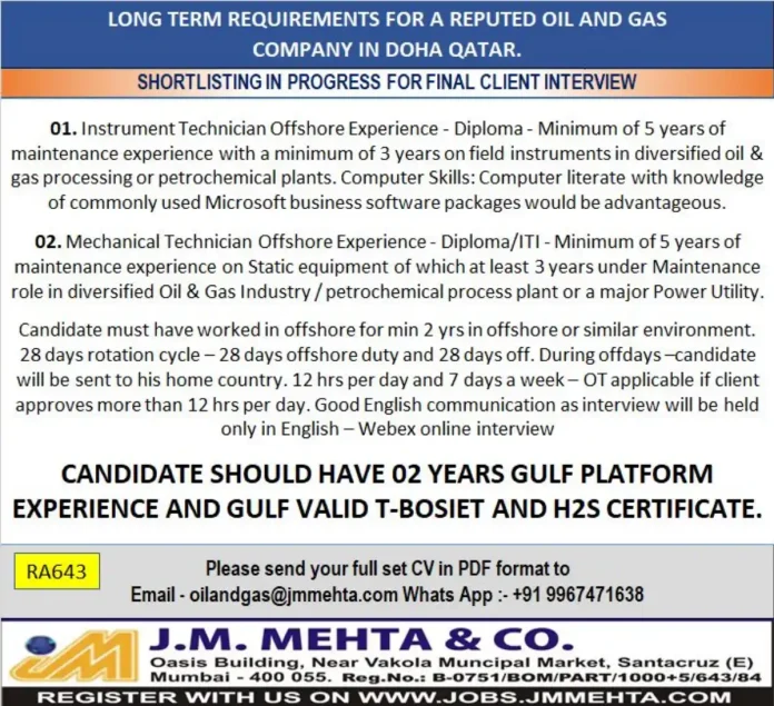 Offshore Oil and Gas Technician Employment Opportunities in Qatar