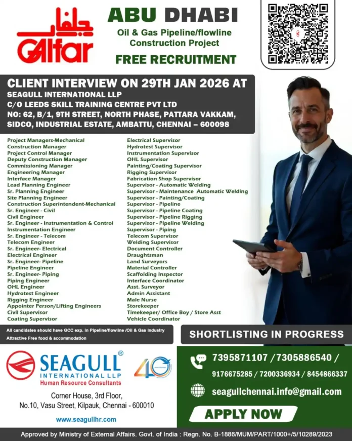 Seagull International LLP Recruitment for GAlfar Abu Dhabi Oil & Gas Pipeline Construction Project