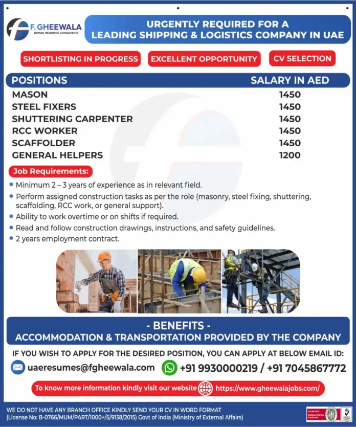 Construction workers job opportunities in UAE with F. GHEEWALA HR Consultants