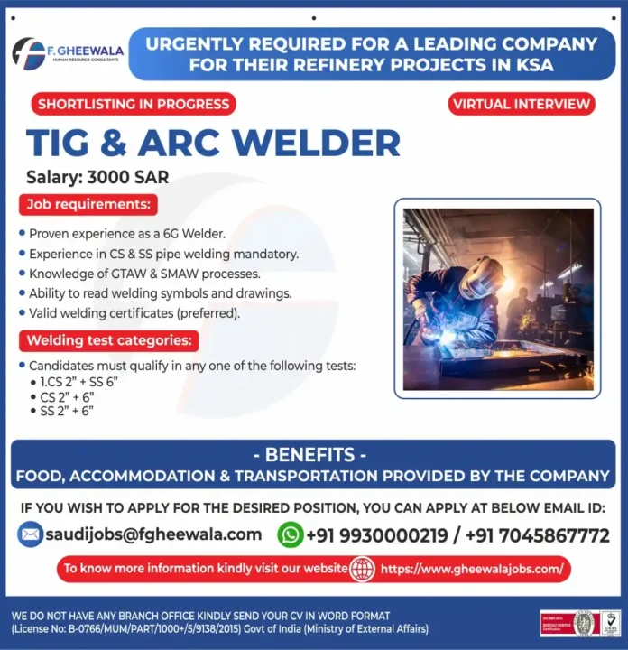 TIG ARC Welder Job Opening for Refinery Projects in Saudi Arabia