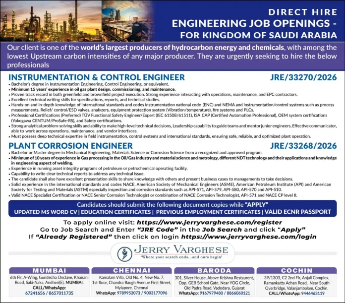 Engineering job opportunities in Saudi Arabia for Instrumentation Control and Plant Corrosion Engineers