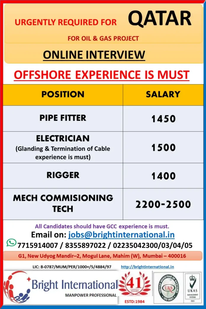 Qatar Oil and Gas Offshore Jobs Recruitment by Bright International