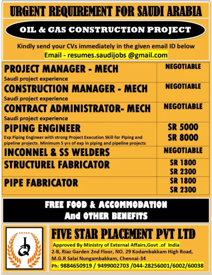 Saudi Arabia Oil and Gas Construction Project Job Opportunities