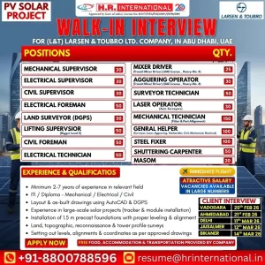 L&T Solar Project Recruitment Walk-in Interview Poster