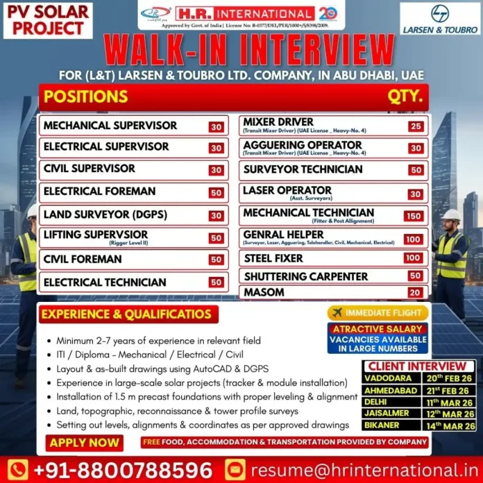 L&T Solar Project Recruitment Walk-in Interview Poster