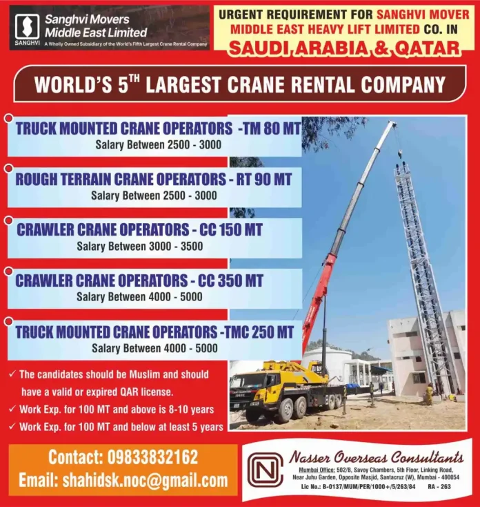 Sanghvi Movers Crane Operator Jobs Recruitment for Saudi Arabia and Qatar