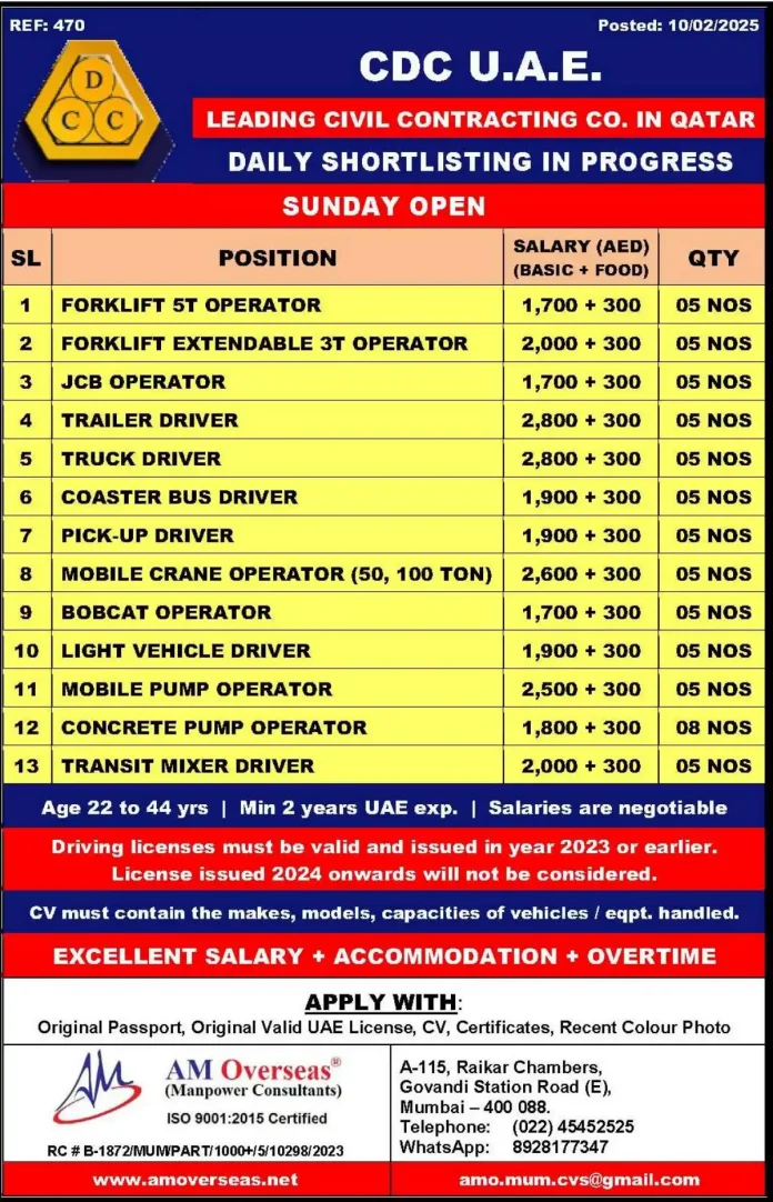 CDC U.A.E. Qatar Job Openings - Multiple Vacancies for Operators and Drivers