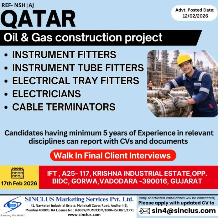 Walk-In Interview for Qatar Oil & Gas Project - Instrument Fitters and Electricians Recruitment