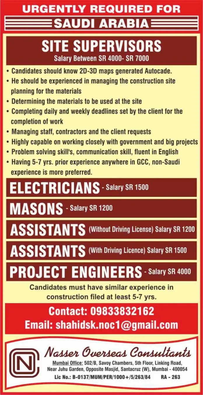 Construction jobs in Saudi Arabia recruitment for Site Supervisors, Electricians and Masons
