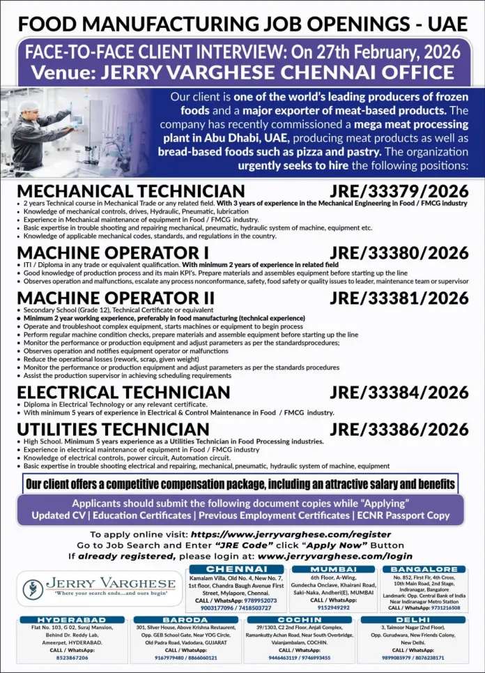 Abu Dhabi meat processing plant food manufacturing jobs