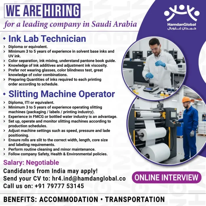 Ink Lab Technician and Slitting Machine Operator Job Opportunities in Saudi Arabia