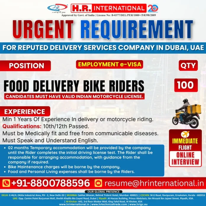 Food Delivery Bike Rider Job Opportunity in Dubai UAE with H.R. International