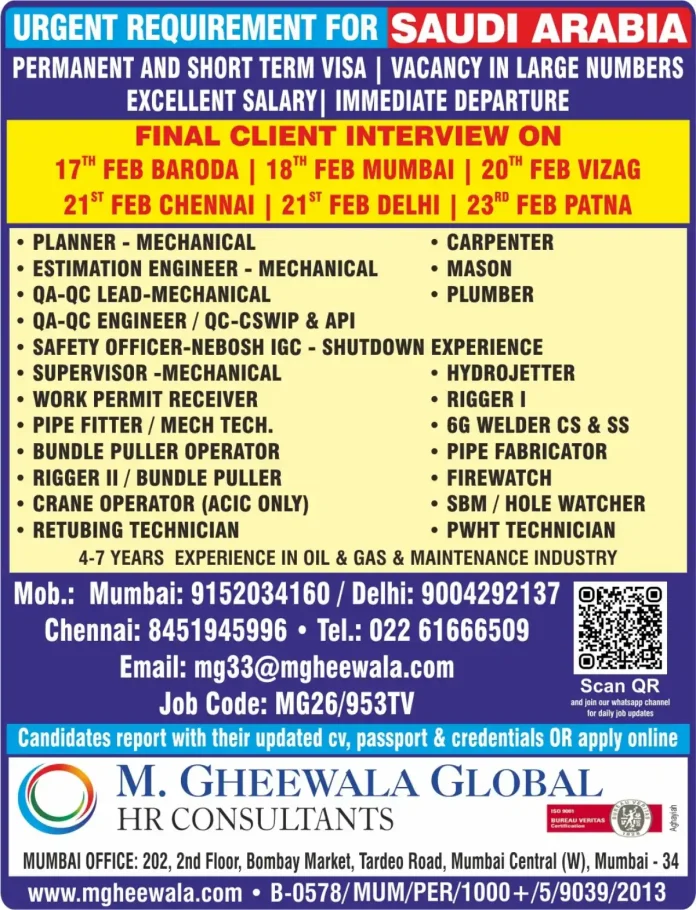 Recruitment drive for Saudi Arabia jobs by M. Gheewala Global HR Consultants