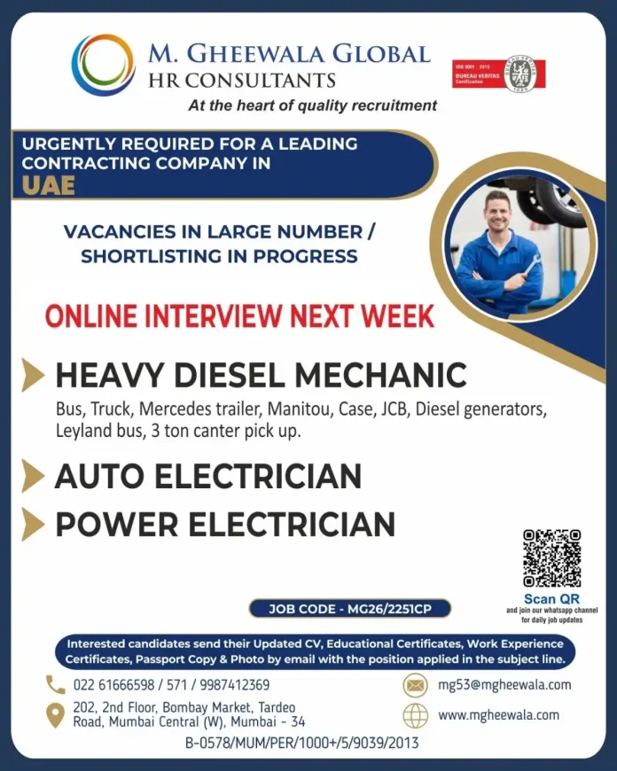 M Gheewala Global HR Consultants Recruitment for UAE Contracting Company