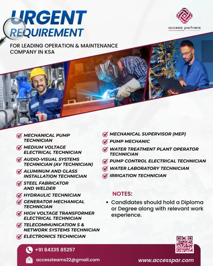 Access Partners Urgent Job Openings for Technicians in Saudi Arabia