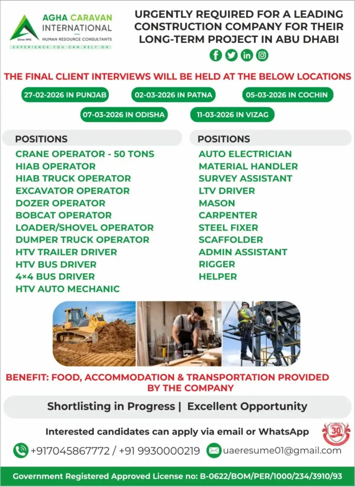 Construction jobs in Abu Dhabi recruitment by AGHA CARAVAN