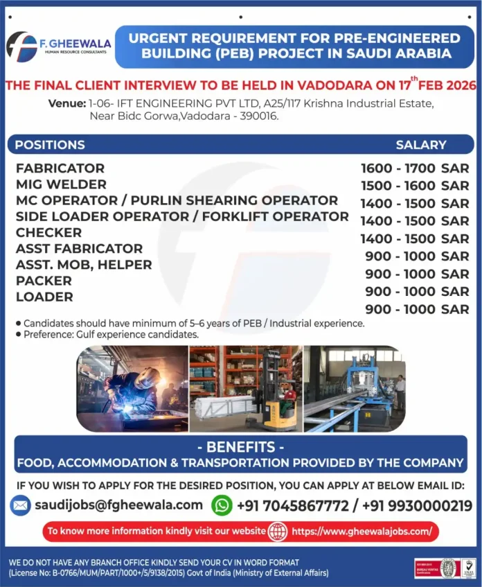 PEB Construction Job Recruitment in Saudi Arabia