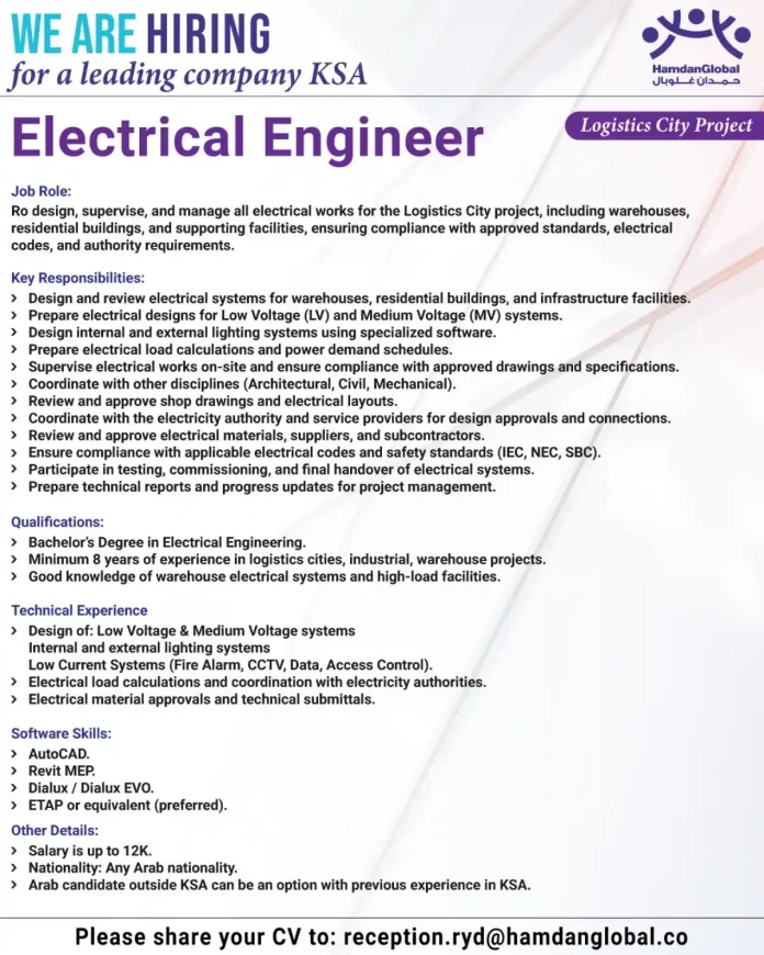 Electrical Engineer Job Opening at HamdanGlobal for Logistics City Project in Saudi Arabia