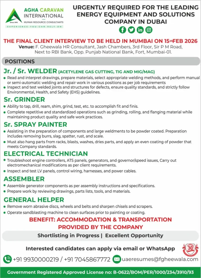 AGHA Caravan International recruitment for Dubai energy equipment company jobs 2026