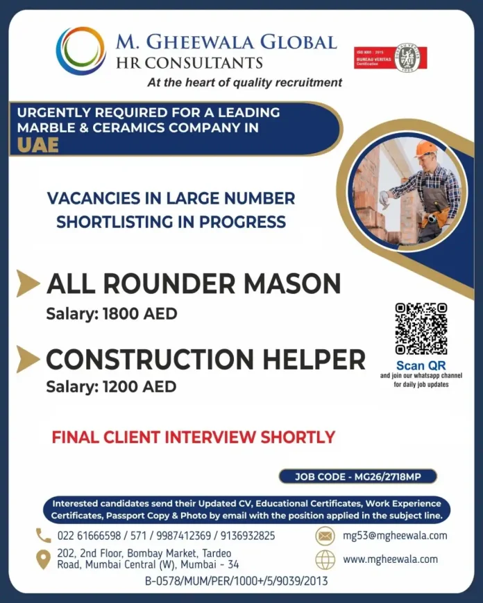 Job Vacancies for Mason and Construction Helper in UAE