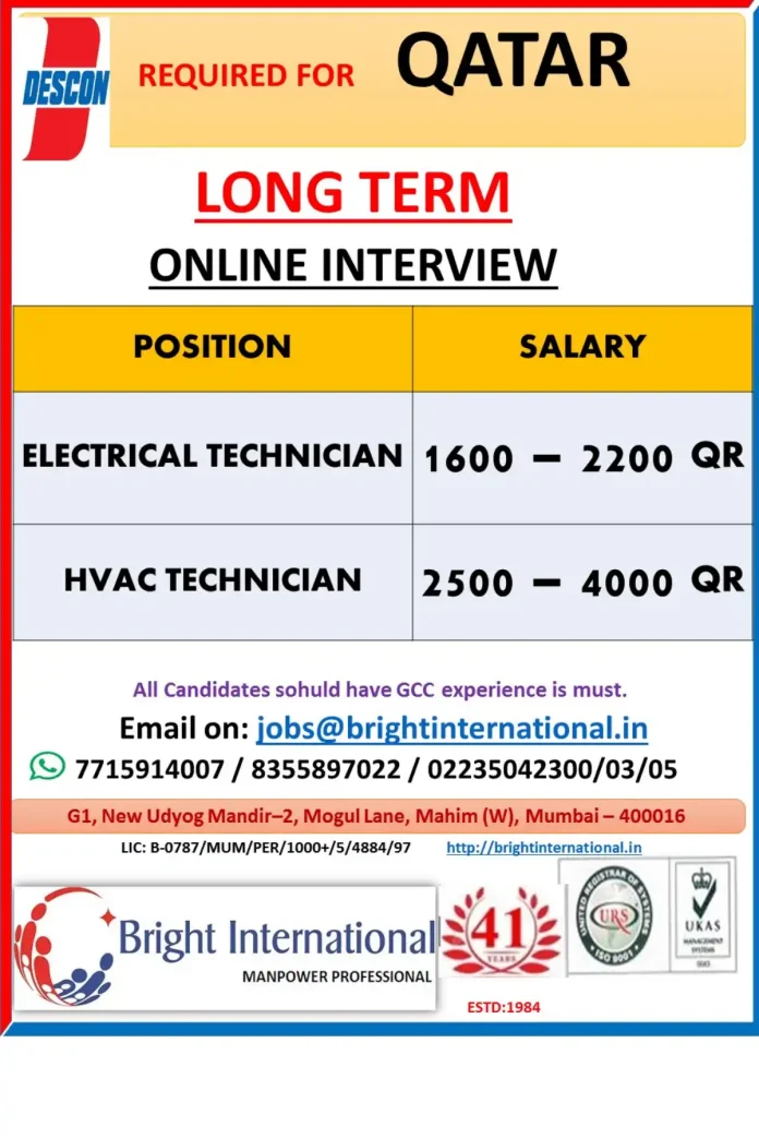 Bright International Recruitment for Technician Jobs in Qatar