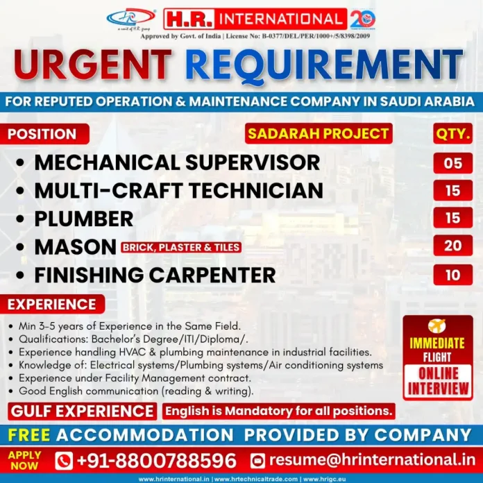 H.R. International Recruitment for Saudi Arabia Jobs - Mechanical Supervisor, Multi-Craft Technician, Plumber Positions