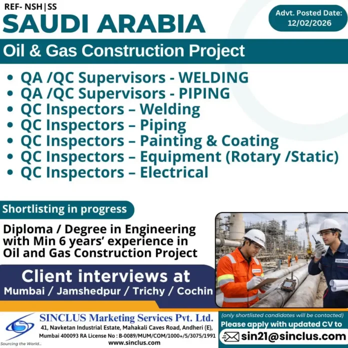 QA QC Jobs Saudi Arabia Oil and Gas Construction Recruitment
